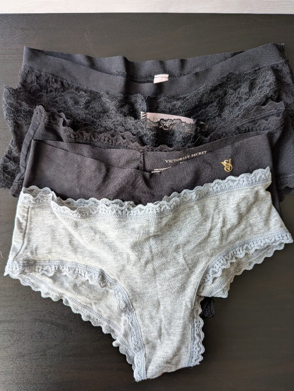 Victoria's Secret Lace-Trim Bikini Panty Set - Black & Light Gray